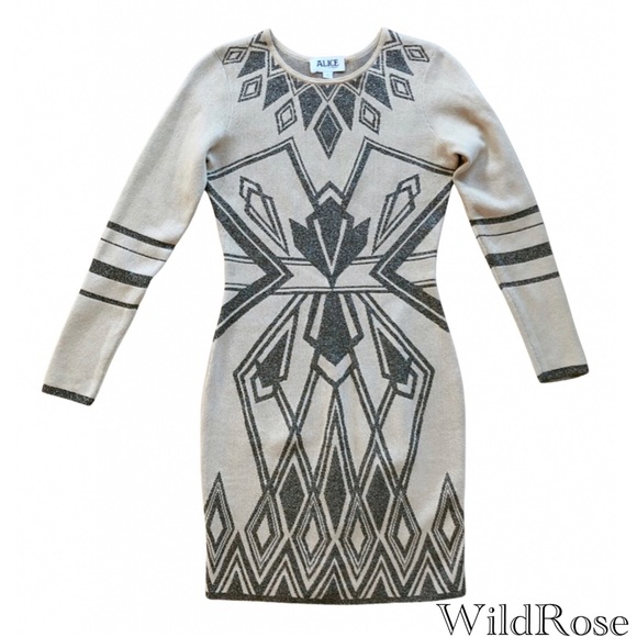 ALICE BY TEMPERLY “Ritz” Art Deco Beige & Bronze Shimmer Geometric Print Dress M - Picture 1 of 14